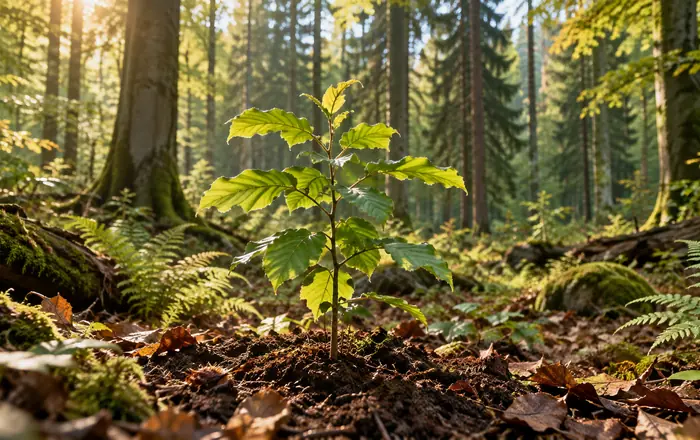 Junger Laubbaum zwischen Farnen im Wald