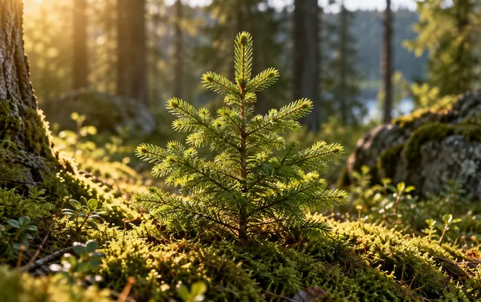 Junge Fichte im sonnigen Waldboden