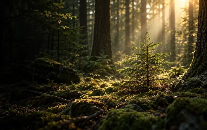 Junger Nadelbaum im dunklen Wald